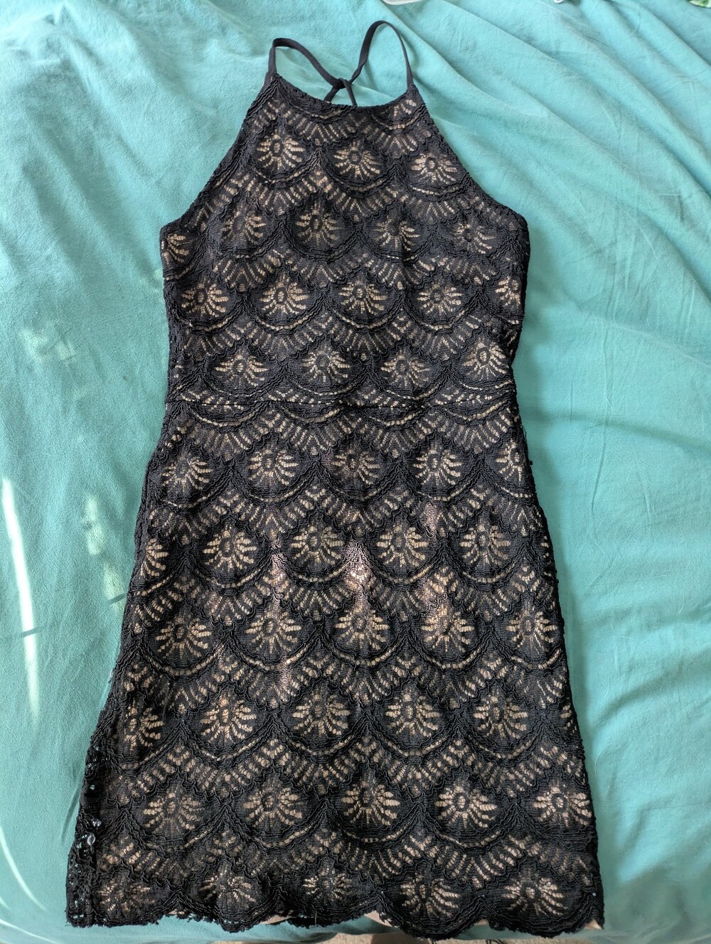 Monteau Black Lace Halter Dress Size S  Mini Scalloped Flapper Art Deco